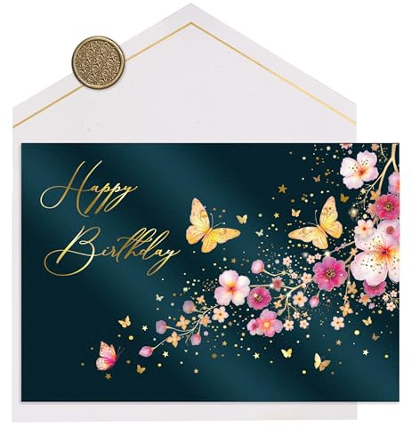 Joli Coon Tarjeta de cumpleaños premium STARDUST Cherry Blossom – Tarjeta de cumpleaños con sobre de papel premium y sello de cera auténtico