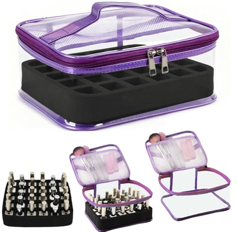 YINGJEE Clear Nail Polish Organizer,Holds 30 Bottles PVC Nail Polish Organizer Case Manicure Tools Nail Polishes Storage Portable Nail Tech Travel Bag(Purple)
