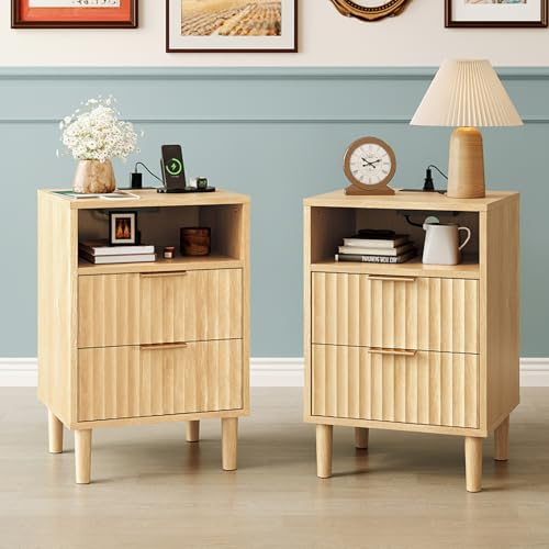 LEADZM Nachttisch 2er Set mit Ladestation, Nachttische 2 Schublade 1 offenem Fach, Beistelltisch für Schlafzimmer, Europäischer Stecker, 40 x 35 x 60 cm (Stil 2, 2)