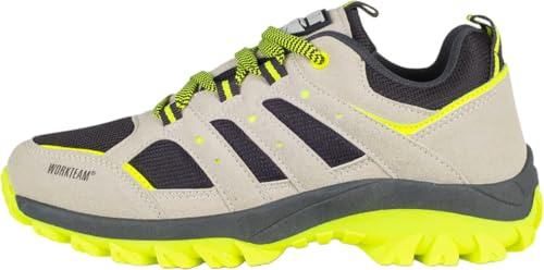 WORKTEAM Zapatilla Trekking con Cordones, Suela TPR Antideslizante, Plantilla con Amortiguación Extraíble Ligera, Ideal para Uso en Exteriores. Unisex Gris Claro+Amarillo Flúor 44