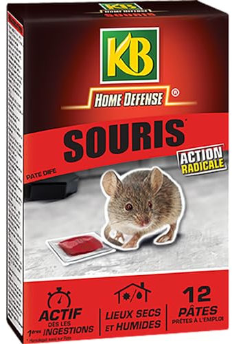 KB HOME DEFENSE SOURIPAT - Pâtes Anti-Souris 120 g - Action radicale et forte attractivité - Actif dès la 1ère ingestion -Spécial lieux secs et humides - 12 sachets de pâtes de 10g -Fabriqué en France