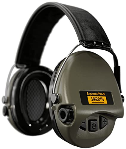 Sordin PRO X - 75302-X/L-S - Protector auditivo activo (25 dB, protector auditivo electrónico, correa de piel, copas verdes)