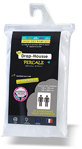 Linge des Familles - Drap Housse 140x190/200 cm - 100% Coton Percale - Blanc - Grand Bonnet 30 cm - Elastique Tout Autour - Label Oeko-TEX® Standard 100 - Made in Europe