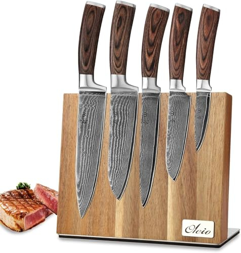 Wakoli EDIB 5-teiliges Küchenmesser Set aus Damaststahl (VG10 Kern) mit magnetischem Messerblock – Office, Koch, Santoku & Fleischmesser – Scharf & ergonomisch – Damastmesser Set mit Pakkaholzgriffen