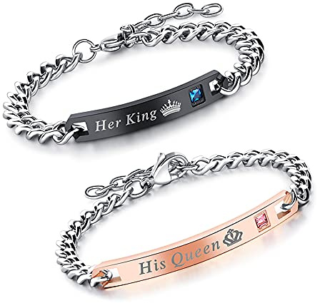 Xihuimay King and Queen Matching Set His Hers Stainless Steel Couples Bracelets Cubic Zirconia Bracelets Link Chain Crown Bracelets Gift Jewelry for Lover Anniversary Promise Bracelet for Men Women