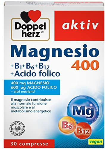 Magnesio 400mg + Acido folico + Vitamina B1 B6 B12-30 Compresse ad alto Dosaggio - Vegano - Integratore per il sistema nervoso e il metabolismo energetico – Doppelherz (MAGNESIO 400 mg NUOVO)