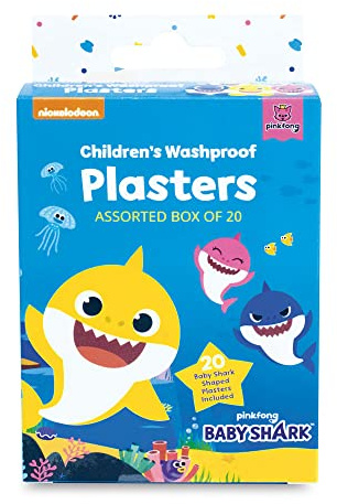Reliance Medical Baby Shark Washproof Shark Shaped Plasters for Children - Essentials for Kids Safety and Health - Assorted Box of 20 (2 Shapes Options)