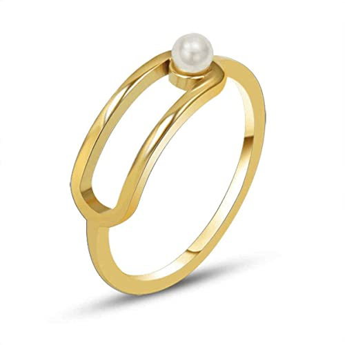 GOLDENCAT Anillo Pearl Dorado Con Perla Blanca, de Acero Inoxidable y Cóctel, Diámetro Interno 17.3 mm, Baño Oro 14k