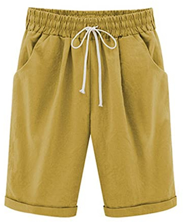 oglccg Womens Half Pants Plus Size Knee Length Cotton Linen Shorts with Pockets Summer Solid Beach Vacation Straight Leg Trousers Drawstring Elastic Waist Bermuda Casual Work Shorts, #10 Yellow XXL