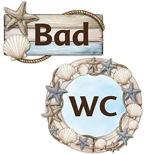 Juego de 2 pegatinas para puerta de baño, tablón de madera, estrella de mar, azul, 10 cm, autoadhesivas, permanentes, dv1231