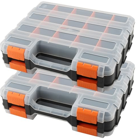 DAKFOOK Paquete de 2 organizadores de tornillos, 32 x 27 x 8 cm, caja de almacenamiento de herramientas de doble cara con separadores de plástico extraíbles, 34 compartimentos, cajas de almacenamiento