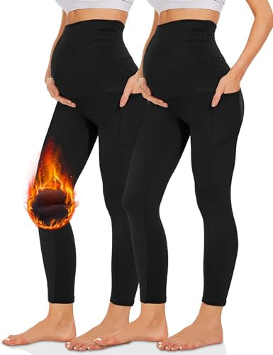 Missluck Umstandsleggings Blickdicht Damen Schwangerschaft Leggings Lang Mammy mit Taschen für Yoga(Schwarz*2-Thermo,M)
