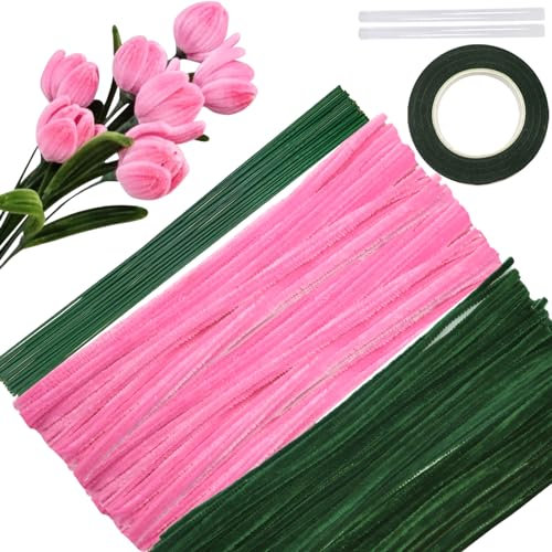 TOAOB Pfeifenreiniger Blumen Set Rosa Grün zum Basteln 200 Stück Pipe Cleaner Flower Lilien Tulpenstrauß Set mit Blumendraht und Blumenband Chenille Stems für Bastelprojekte Dekorationen