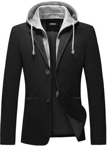 KUDORO Mens Blazer Jacket with Detachable Hood Slim Fit Suit Jackets Two Button Casual Classic Blazer for Men