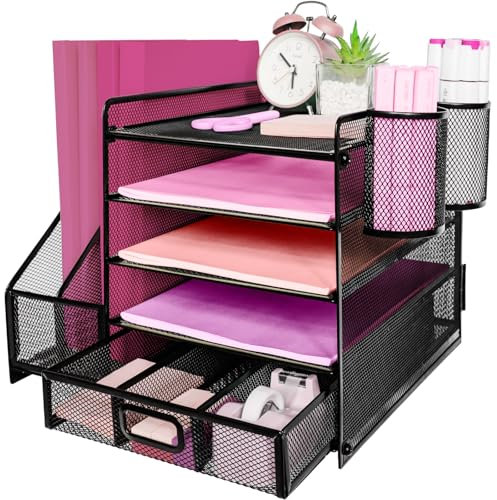 ideallife Schreibtisch Organizer Ablage aus Metall, 5 Ebenen Papier Briefablage mit Aktenhalter, Mesh Schreibtisch Akten Organizer mit Zeitschriftenhalter für Büro Dokumentenablage (Schwarz)