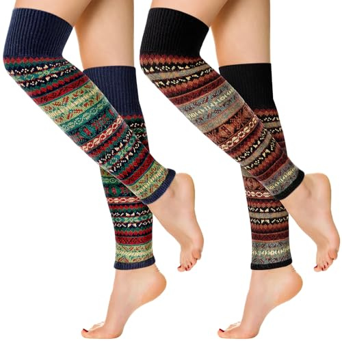 ViEinkaufen 2 Pairs Bohemian Leg Warmers Knit Wool Winter Long Leg Warmers Striped Ethnic Boot Cuffs Socks Knee High Knitted Boot Socks for Women Girls Christmas, Party, Skating