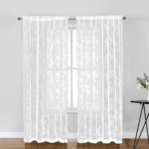 Whakano 2 pezzi tende decorative in pizzo, tende con motivo floreale traslucide oscuranti per cucina, soggiorno, tendaggio decorativo arioso per camera da letto, decorazione della casa, bianco