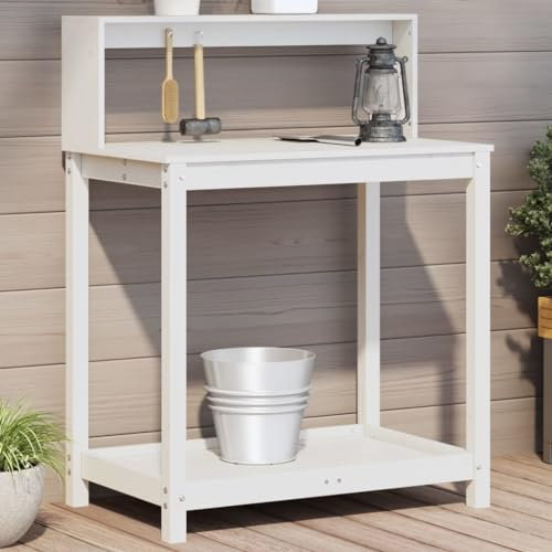 Table de rempotage avec étagères, Banc de Travail en Bois pour Plantation, Table de rempotage de Jardin, pour terrasse, Cour, Balcon, Bois de pin Massif Blanc 85 x 50 x 109,5 cm