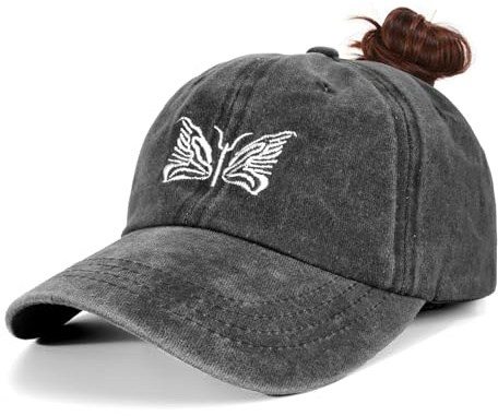 HeyCaps Damen Baseballcap aus Baumwolle mit Schmetterlingsstickerei und Pferdeschwanzöffnung – Sommer Sonnenhut