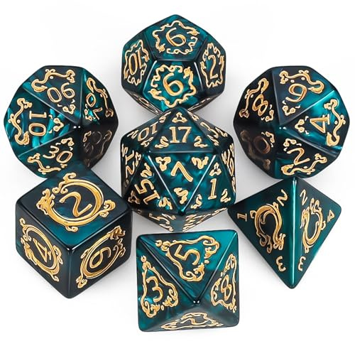 QMAY DND Dice Polyhedral Dice Set - 7 Pieces for Dungeon and Dragons MTG RPG D&D D20, D12, D10, D%, D8, D6, D4 (Grün Drachenmuster)