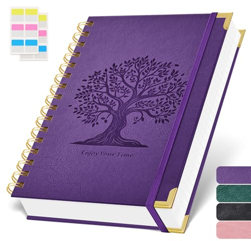 ROBCURSE A5 Notebook, Note Pad, Wirebound Spiral Notebook 300 Pages/150 Sheets, Tree Embossed Leather Cover, Lined Journal or Women Writing, 100GSM Thick Paper, Purple, 14.7 x 21 cm