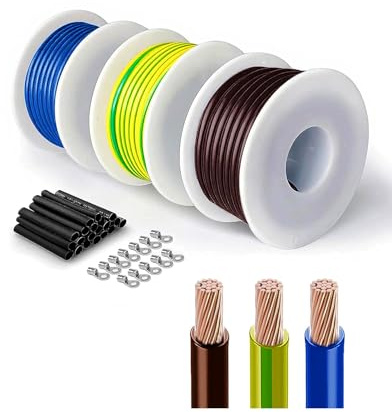 HuLuWa H07V-K 1,5 mm² Cavo Elettrico Unipolare Flessibile, 6 m x3 Colori (Blu, Marrone, Giallo-Verde), con 12 Capicorda ad Anello e Guaina Termorestringente