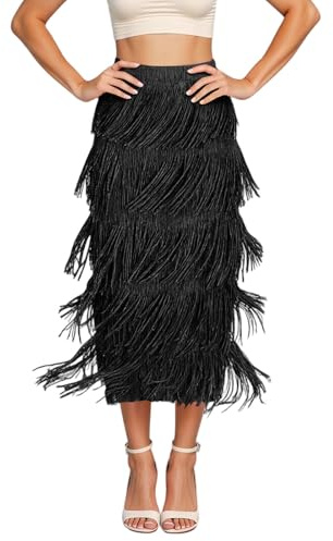 Generisch Gonna da donna alla moda, fluente, attillata, con frange, elegante, comoda, vestibilità stretta, versatile gonna midi per l'uso quotidiano con pantaloni, Nero , Taglia unica