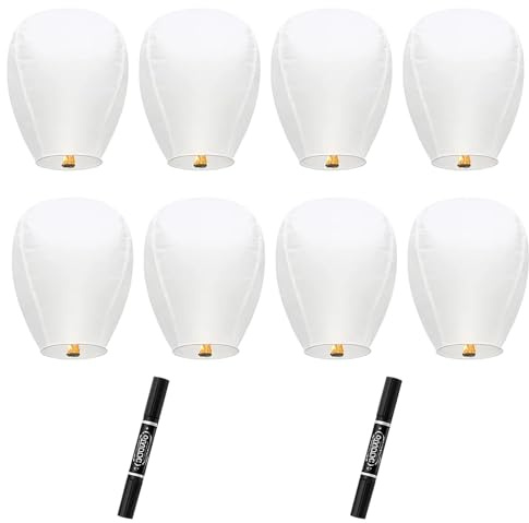 Lot de 10 lanternes en papier blanc à libérer en mémoire, lanternes chinoises volantes pour mariages, anniversaires, fêtes en plein air, comprend 8 blocs de cire et 2 marqueurs