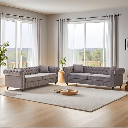 2 Piece 85.5 Velvet Oversize Chesterfield Grey 3-Seater Sofa, Rolled Arms Modern Sofa with Button Design and 2 Cushions for Living Room (Grey, 2 Piece 85.5 3-Seater Sofa Sets)