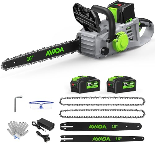 Electric Chainsaw Cordless, 42V 16 Inch Battery Chainsaw with Brushless Motor and Quiet Superior Cutting Power, Hand Battery Powered chainsaw for Tree Trimming Wood Cutting, 2 Battery and Charger