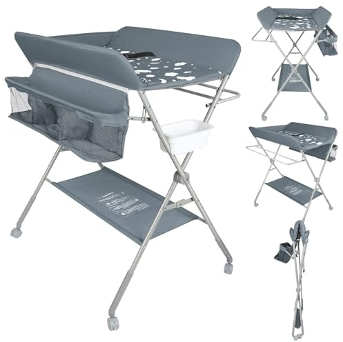homewell - Mesa de cambio plegable con ruedas, plegable, 4 niveles ajustables en altura, mesa cambiador portátil con estantes de almacenamiento, dando un estanque, para recién nacidos, 0-12 meses