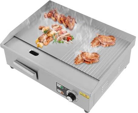 Grillplatta, 3 000 W, 220 V, elektrisk grillplatta, grill i rostfritt stål, grillyta med spår, temperaturområde 50–300 °C, kommersiell elektrisk grill, 55 x 43 x 24 cm