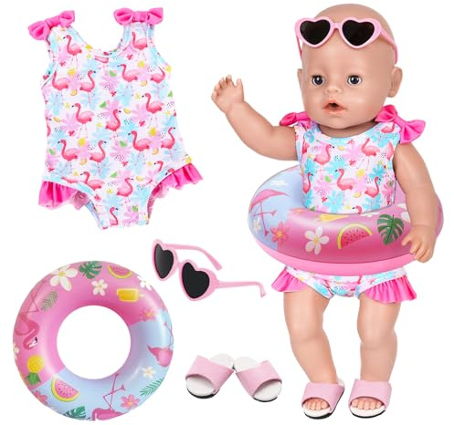 Traje de baño de flamenco para bebé 43cm, set de 4 piezas de flotador compatible con muñeca de baño recién nacida de 36-43cm, ropa de verano para muñecas con 1 traje de baño de flamenco, anillo de