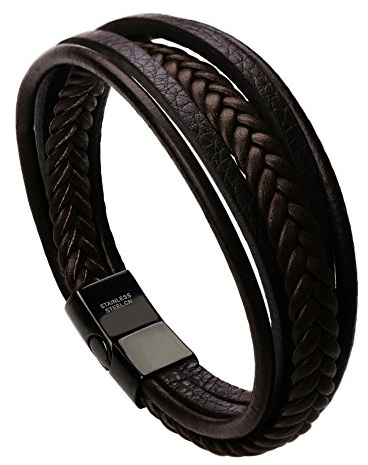 murtoo Mens Leather Bracelet Cowhide Multi-Layer Braided Leather Mens Bracelet (Brown, 7.5)
