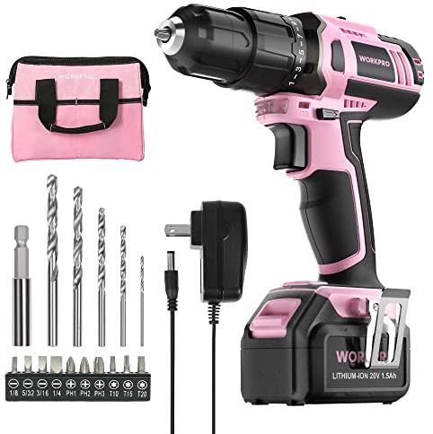 WORKPRO Pink Cordless 20V Lithium-ion Drill Driver Set, 1 Battery, Charger and Storage Bag Included - Pink Ribbon