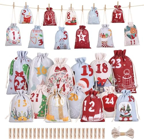 Naler Calendrier de l'Avent Tissus à Remplir, 24pcs Pochette Calendrier de l'avent Vide Reutilisable Mural pour Cadeau Noel Décoration de Noël