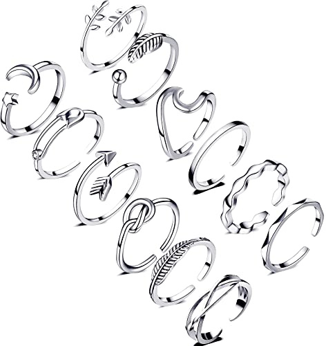 Honsny 12PCS Silver Plated Rings Adjustable Open Rings for Women Cute Stackable Thumb Rings Joint Chain Midi FingerArrow Knot Wave Band Rings Set