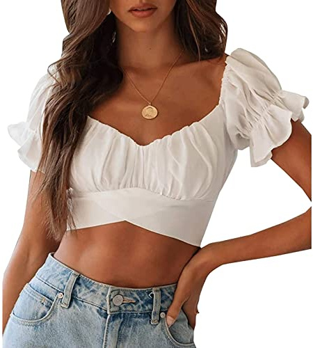 Top Corto con Volantes para Mujer, Manga Corta, Espalda Abierta, con Lazo en la Espalda, Blusa Sexy con Hombros Descubiertos, Blusa Corta de Verano Y2K, Camisas Deportivas