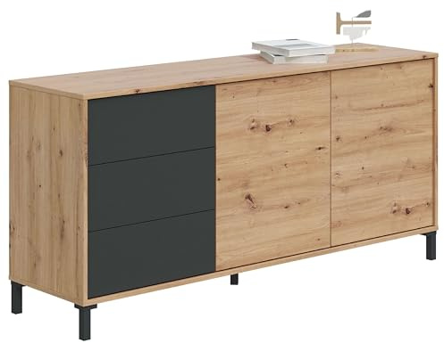 Habitdesign modèle Brooklyn Buffet 2 Portes et 3 tiroirs, Finition chêne « Nodi » et Gris Anthracite, Dimensions : 154 x 74 x 41 cm (l x H x P).