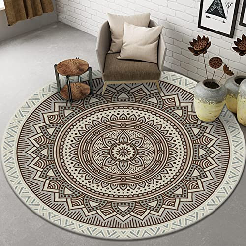 Tospass Vintage Rund Teppich Wohnzimmer Waschbar Outdoor Boho Teppiche Runder 180 cm Weiß Braun Carpet Modern Flauschig Weicher rutschfest Plüsch Teppiche für Schlafzimmer Deko Kinderzimmer Balkon