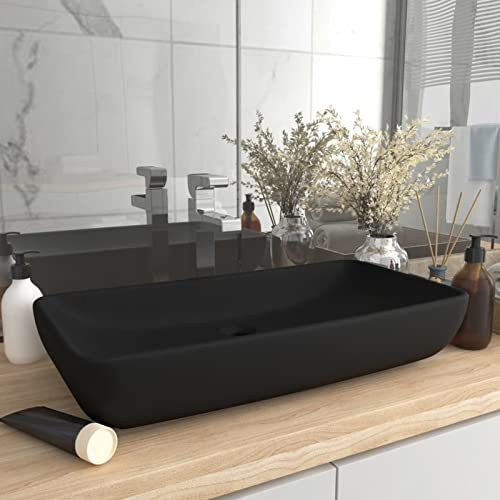 BULANED Luxus-Waschbecken, Aufsatzwaschbecken, Waschtisch, Aufsatzwaschtisch, Wash Basin, Badmöbel, Bathroom Sink, Rechteckig Matt Schwarz 71x38 cm Keramik