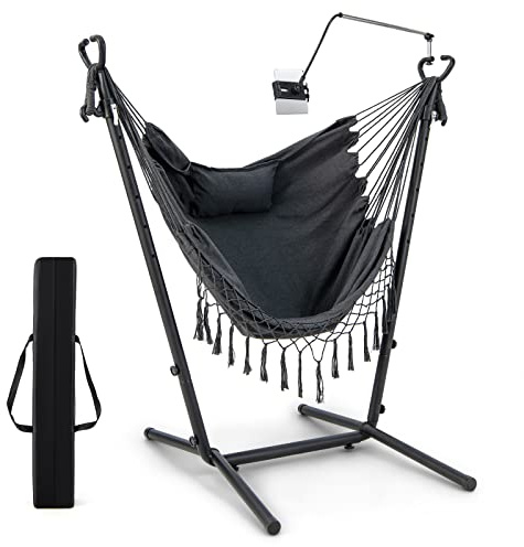 GOPLUS Silla colgante con estructura, silla colgante de altura ajustable con reposacabezas y bolsillo lateral y soporte para teléfono móvil, silla colgante en forma de U y ahorra espacio para salón,