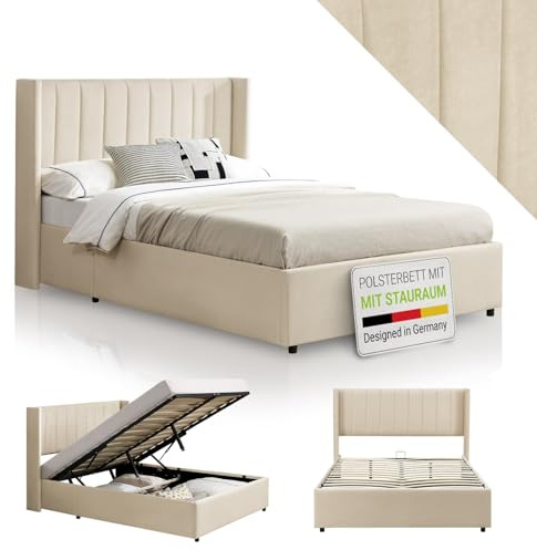 Juskys Polsterbett Savona 120x200 cm, Bett mit Stauraum, Lattenrost, Samt-Bezug, Bettgestell aus Holz, bis 250 kg, großes Kopfteil, Beige
