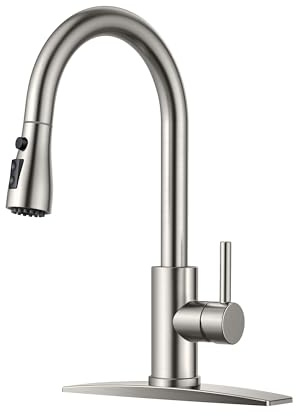 FORIOUS Kitchen Faucet with Pull Down Sprayer, Brushed Nickel, High Arc Single Handle Traditional 3 Modes Stainless Steel Faucet for Kitchen Sink Farmhouse RV Bar Laundry Camper