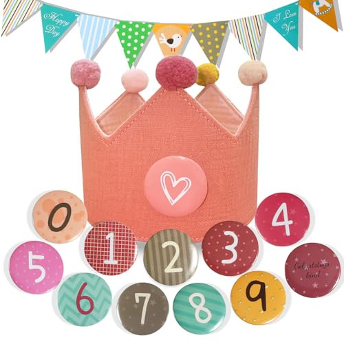 MutoToy Geburtstagskrone Musselin mit Zahlen, Geburtstagsbanner, Wiederverwendbar Geburtstagskrone für Mädchen Junge, Krone Geburtstag mit Button Zahlen von 0-9, Party Deko Hut für Kindergeburtstag