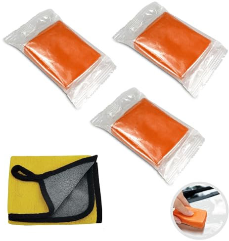 Reinigungsknete Auto, 3 Stück Auto Reinigungsmasse mit Mikrofaser Handtuch Lackreinigungsknete zur Lackpflege Lackknete Auto für Autoreinigung Felgenreinigung(300g,Orange)