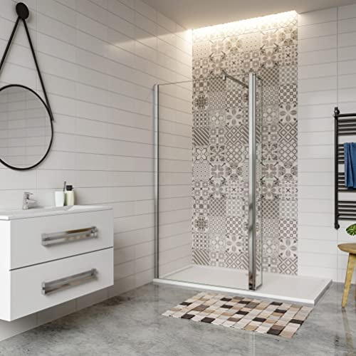 Paroi de douche à l'italienne 80+30x200cm avec barre de fixation 90cm en carré, Paroi de douche avec retour pivotant 30cm en verre 8mm securit