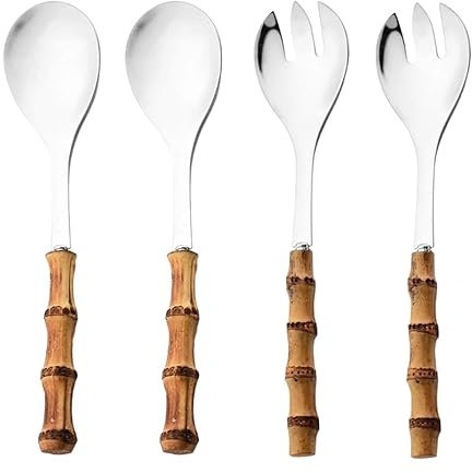 Juego de 4 cucharas y tenedores de ensalada, cuchara de servir de mango largo, tenedor, mango de madera de bambú, vajilla de cocina de acero inoxidable para mezclar frutas, pasta, ensalada, juego de