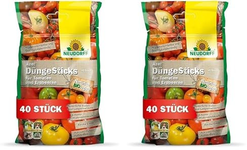 Neudorff Azet DüngeSticks für Tomaten und Erdbeeren – Bio Düngestäbchen für viele leckere Tomaten und Erdbeeren mit 2 Monaten Langzeitwirkung, 40 Stück (Packung mit 2)