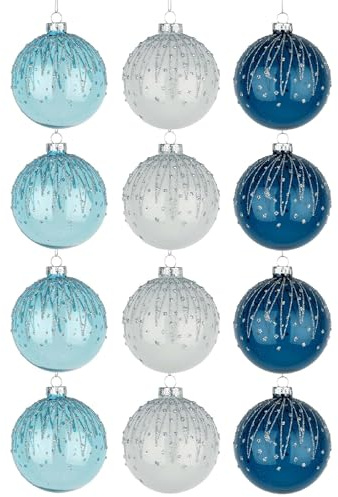 12Pcs/80mm Glass Baubles Christmas Tree Balls Spheres Hanging Ornaments Set Assorted Designs Xmas Tree Decorations, Blue,white